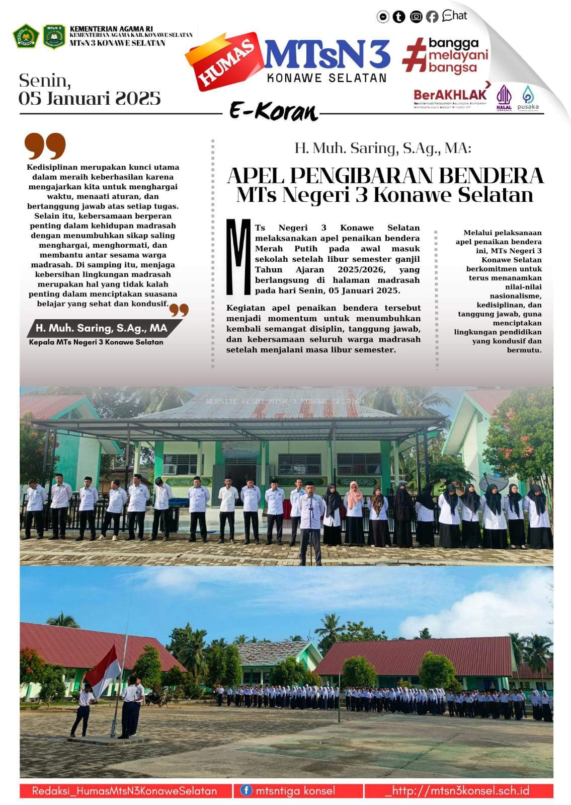 Apel Pengibaran Bendera Tandai Hari Pertama Masuk Sekolah di MTsN 3 Konawe Selatan